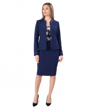 Costum dama office cu fusta si sacou din stofa elastica bleumarin