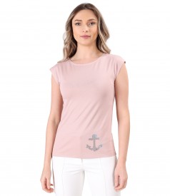 Bluza din jerse elastic uni cu ancora decorativa