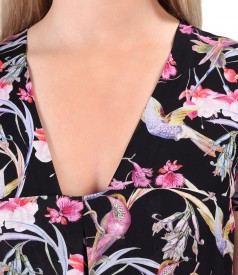 Rochie midi din serj de viscoza cu colibri si flori