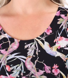 Rochie lejera din serj de viscoza imprimata cu colibri si flori