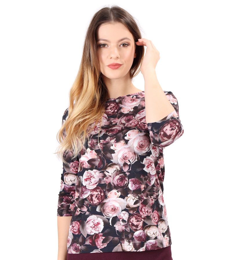 Bluza din jerse elastic imprimat cu motive florale