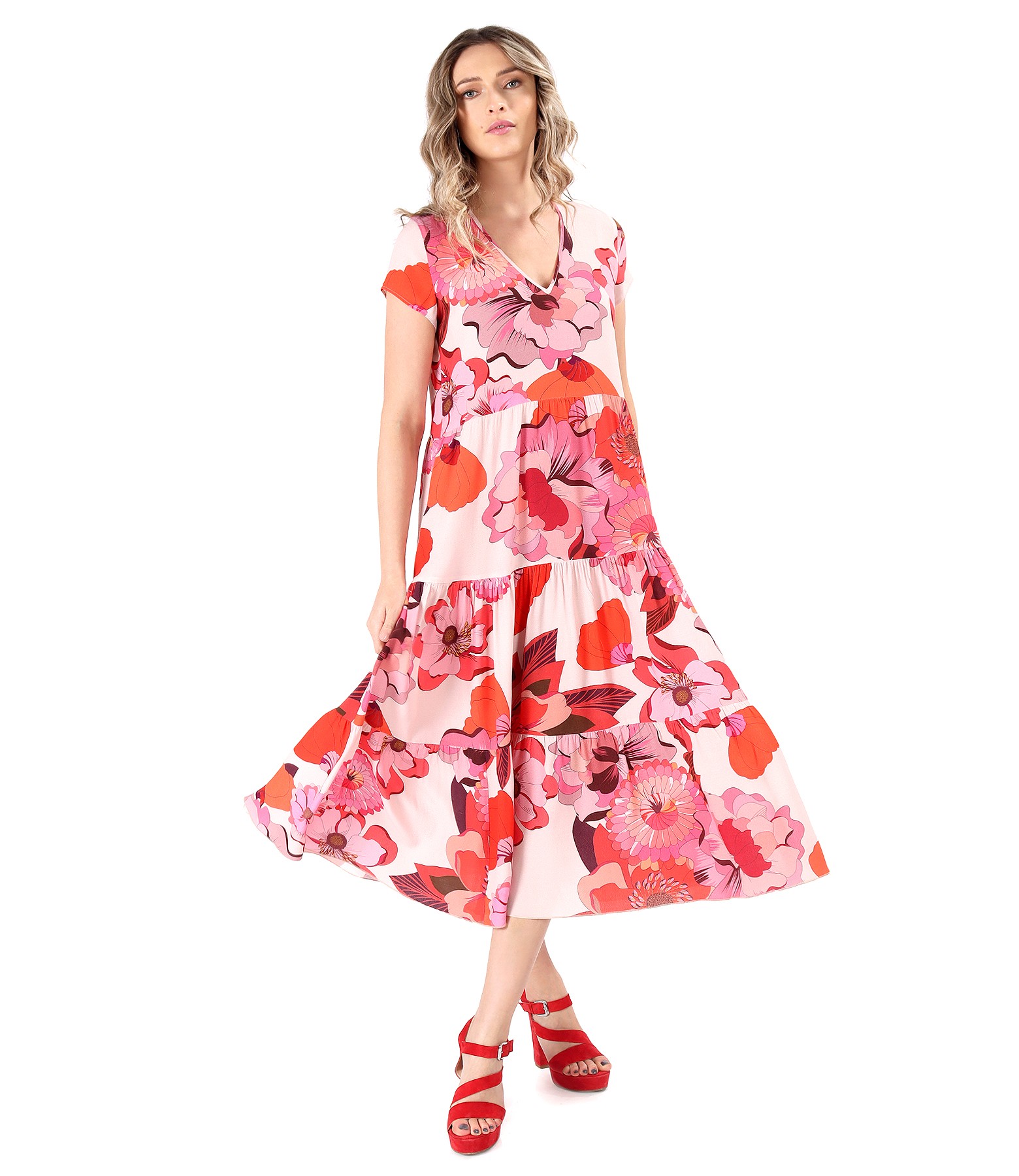 Rochie midi cu volane din viscoza imprimata cu motive florale rosu -