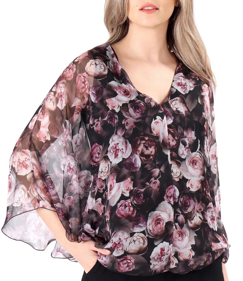 Bluza tip fluture din voal imprimat digital cu motive florale