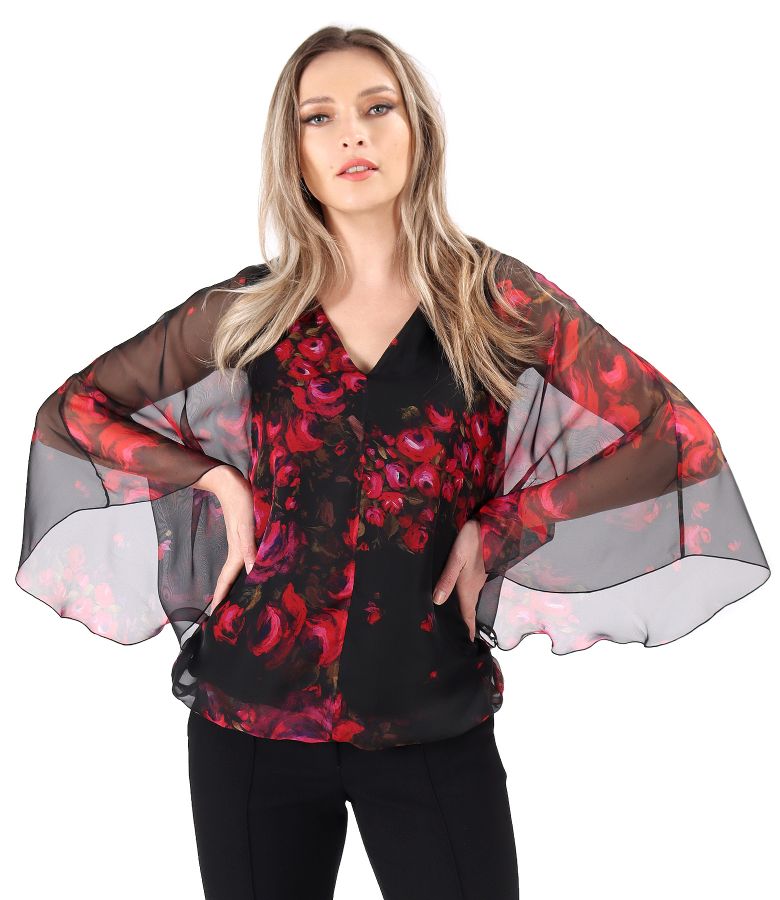 Bluza tip fluture din voal imprimat digital cu motive florale