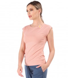 Bluza eleganta din jerse elastic cu floare la decolteu