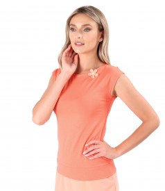 Bluza eleganta din jerse elastic cu floare la decolteu