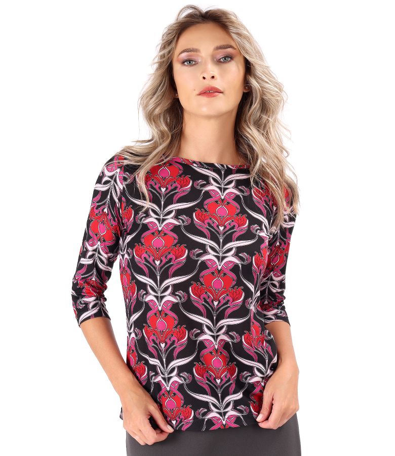 Bluza din jerse elastic imprimat cu motive florale