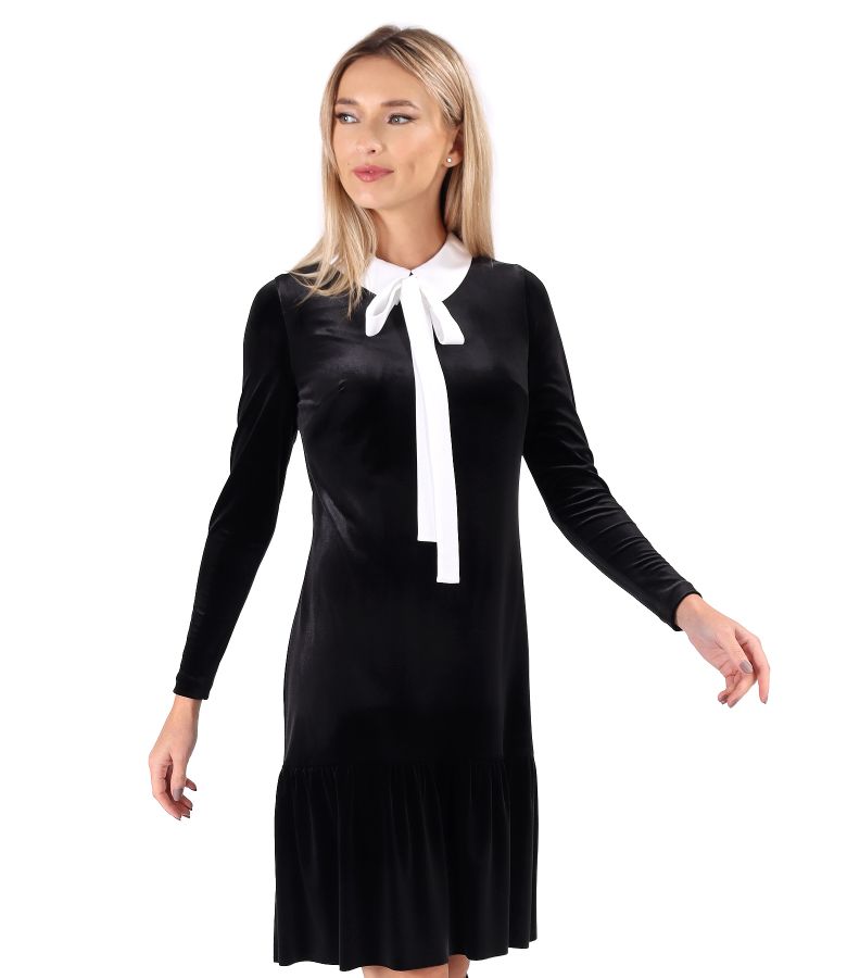 Rochie din catifea elastica cu guler ascutit si funda alba