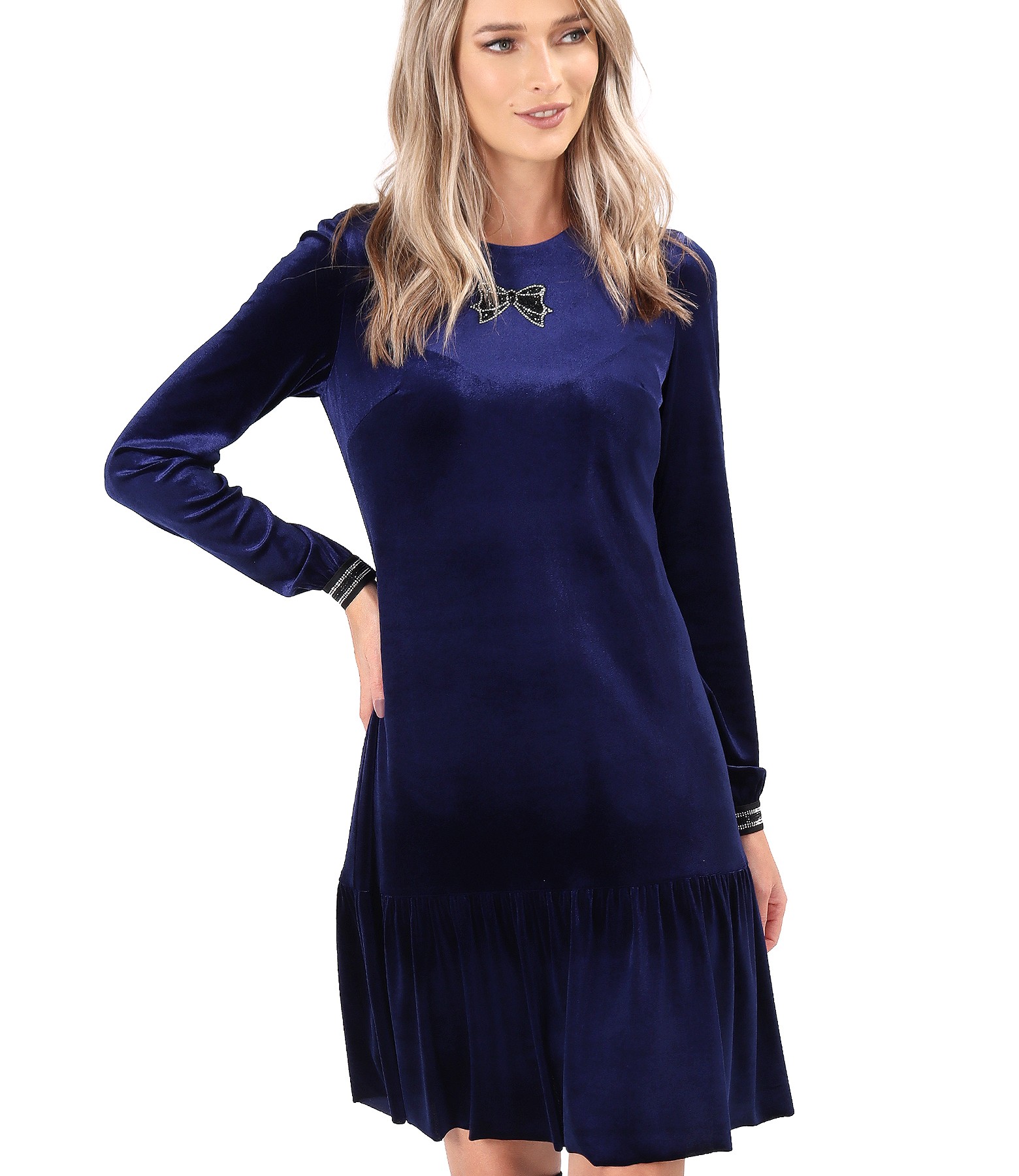 Human zebra reflect Rochie din catifea elastica cu aplicatie de cristale la decolteu albastru royal - YOKKO Human zebra reflect Rochie din catifea elastica cu aplicatie de cristale la decolteu albastru royal - YOKKO