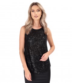 Bluza fara maneci din paiete fine cu garnitura de saten