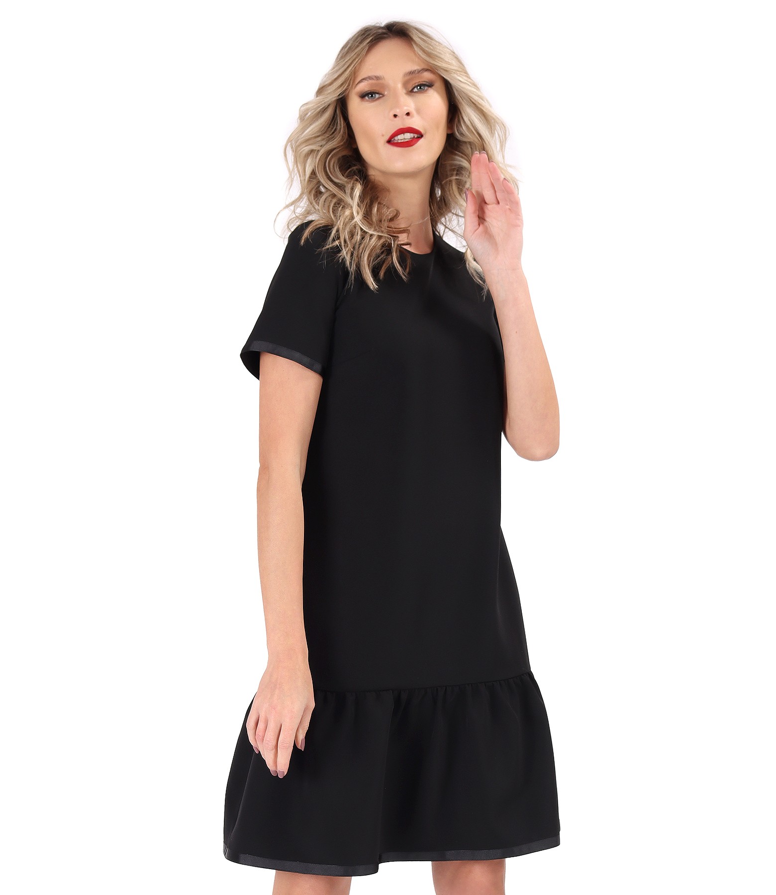 Expres Tot timpul obișnuit Rochie eleganta cu volan si cu banda din rips satinat la terminatie negru - YOKKO Expres Tot timpul obișnuit Rochie eleganta cu volan si cu banda din rips satinat la terminatie negru - YOKKO