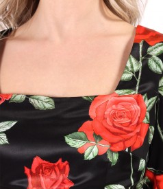 Rochie eleganta midi din saten elastic cu trandafiri