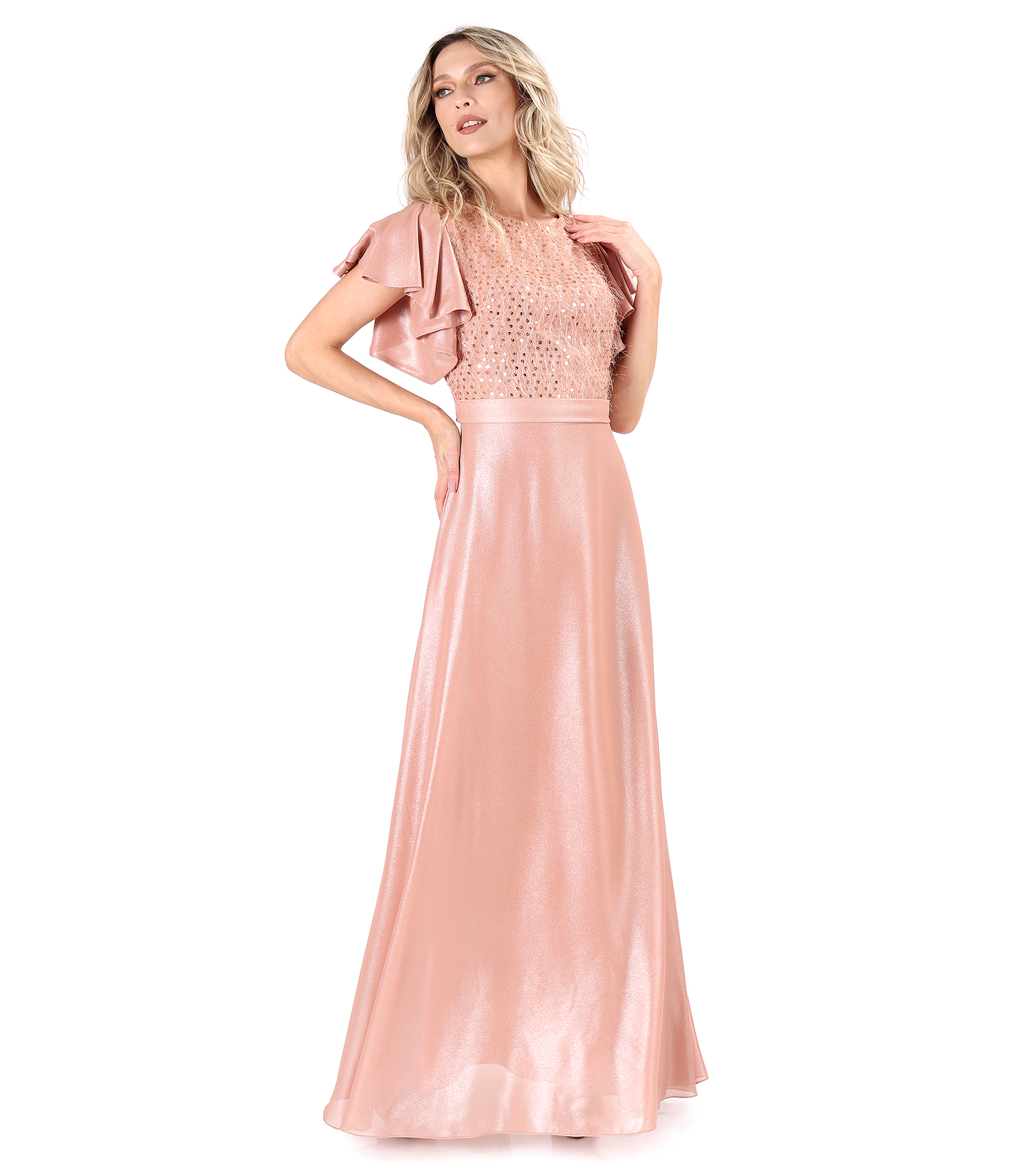 Rochie lunga de ocazie cu bust cu aplicatie de paiete