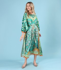 Rochie caftan din matase naturala fina cu cordon in talie