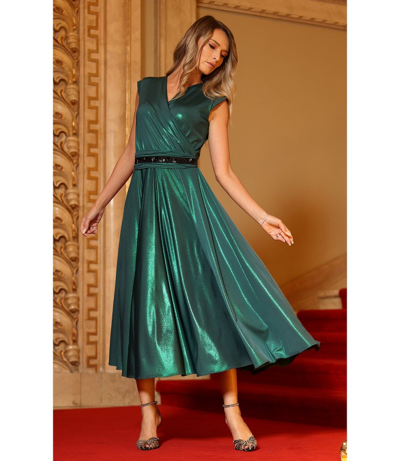 Rochie midi de ocazie din jerse elastic cu efect lucios