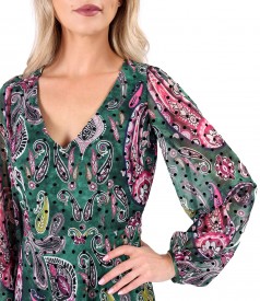 Rochie midi din voal imprimat cu motive paisley si cu picouri din catifea