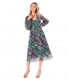 Rochie midi din voal imprimat cu motive paisley si cu picouri din catifea