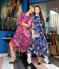 Rochie midi eleganta din voal imprimat cu motive florale