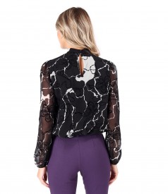 Bluza lejera din voal cu motive florale brocat cu catifea