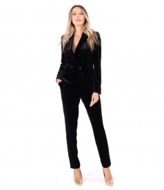 Costum elegant cu pantaloni si sacou din catifea elastica neagra