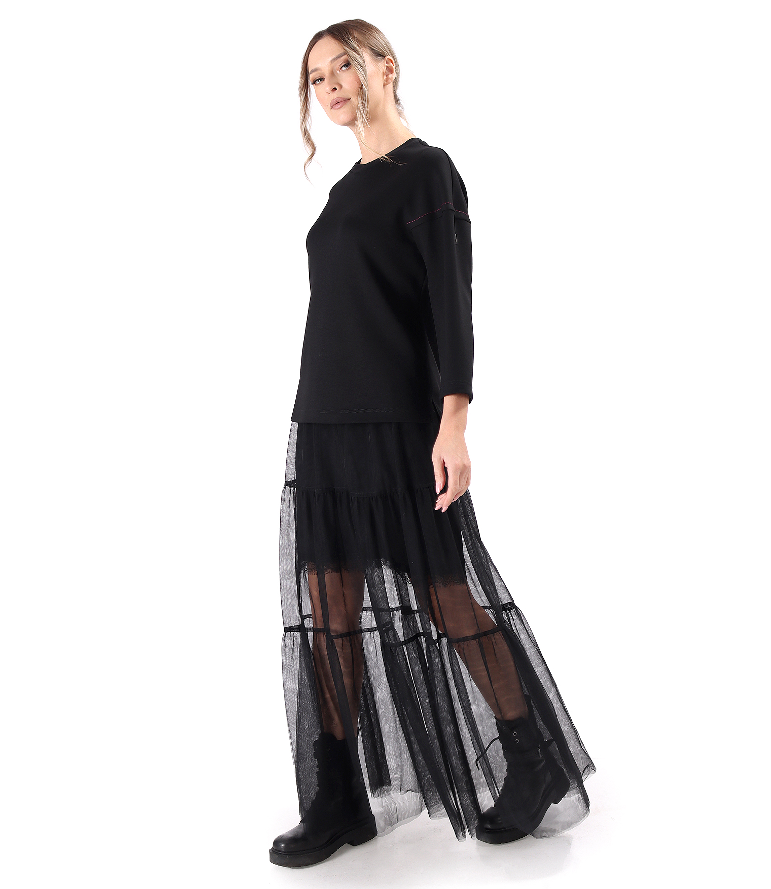 Jupa furou din saten elastic cu dantela