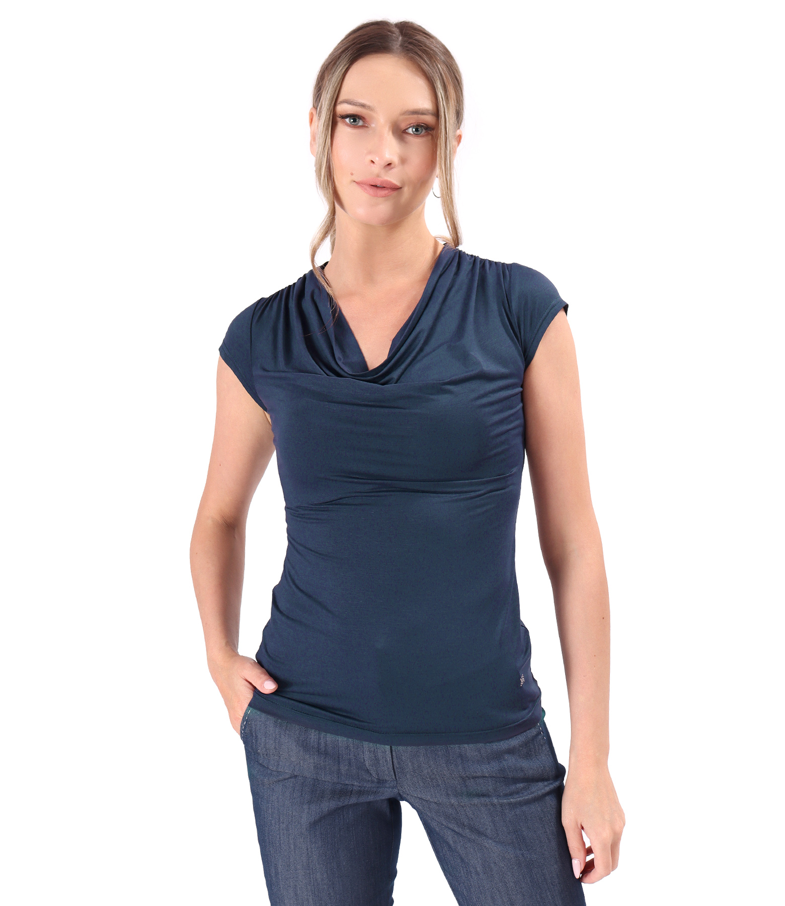Bluza din jerse elastic cu decolteu in falduri