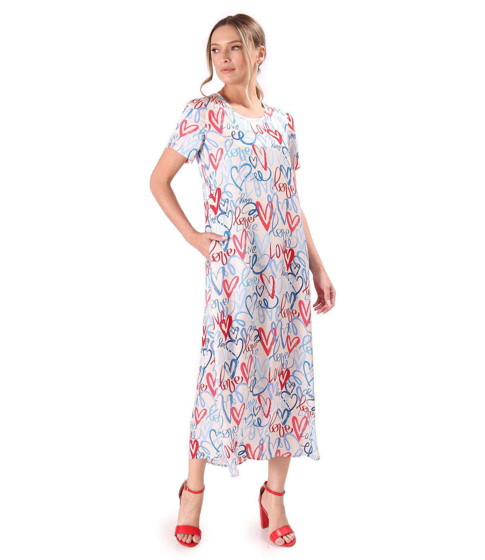 Rochie midi din satin de viscoza imprimata cu inimi