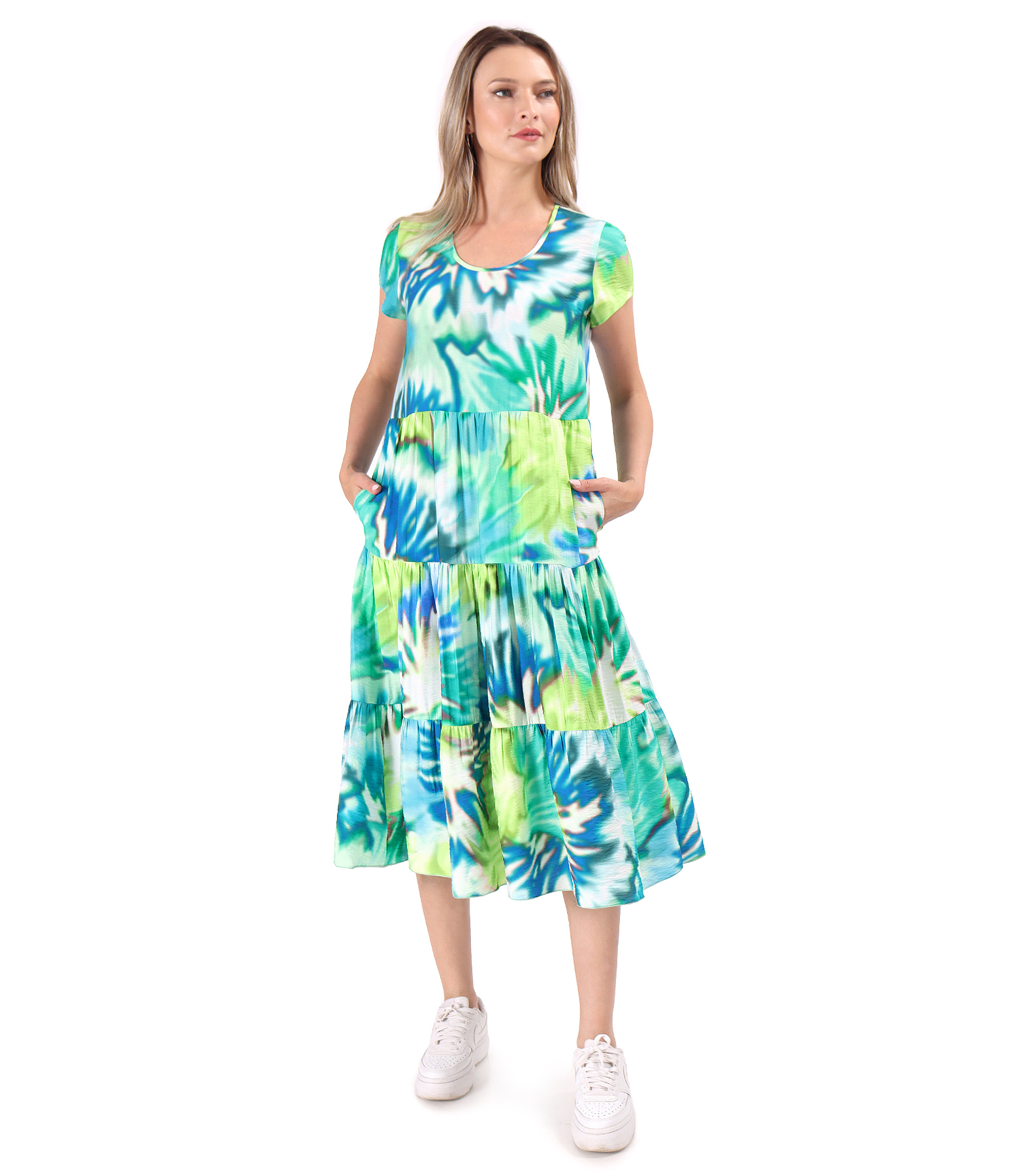 Rochie midi cu volane din viscoza imprimata
