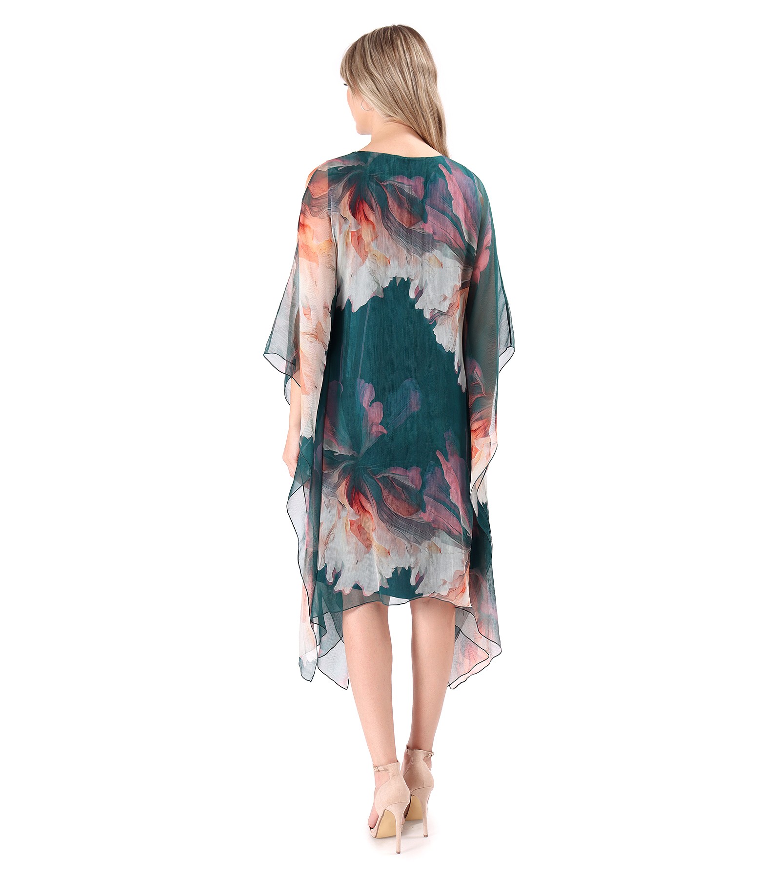 Rochie fluture din voal de matase naturala imprimata cu motive florale