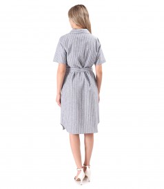 Rochie tip camasa din in cu bumbac imprimat cu dungi