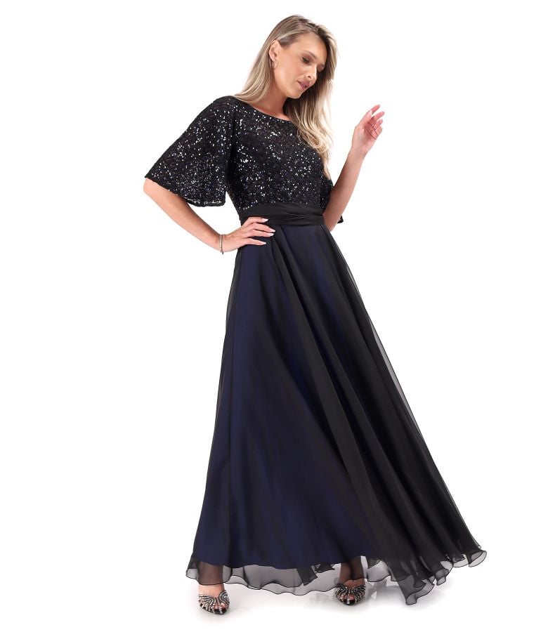 Rochie lunga de ocazie din voal cu bust si maneci din paiete