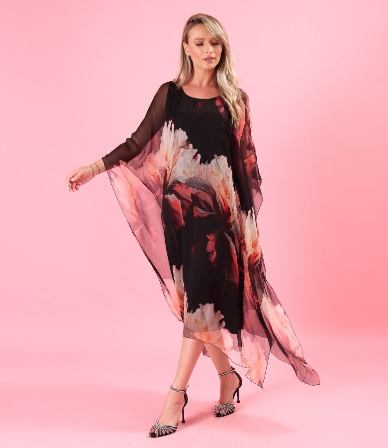 Rochie midi fluture din voal de matase naturala imprimata cu motive florale