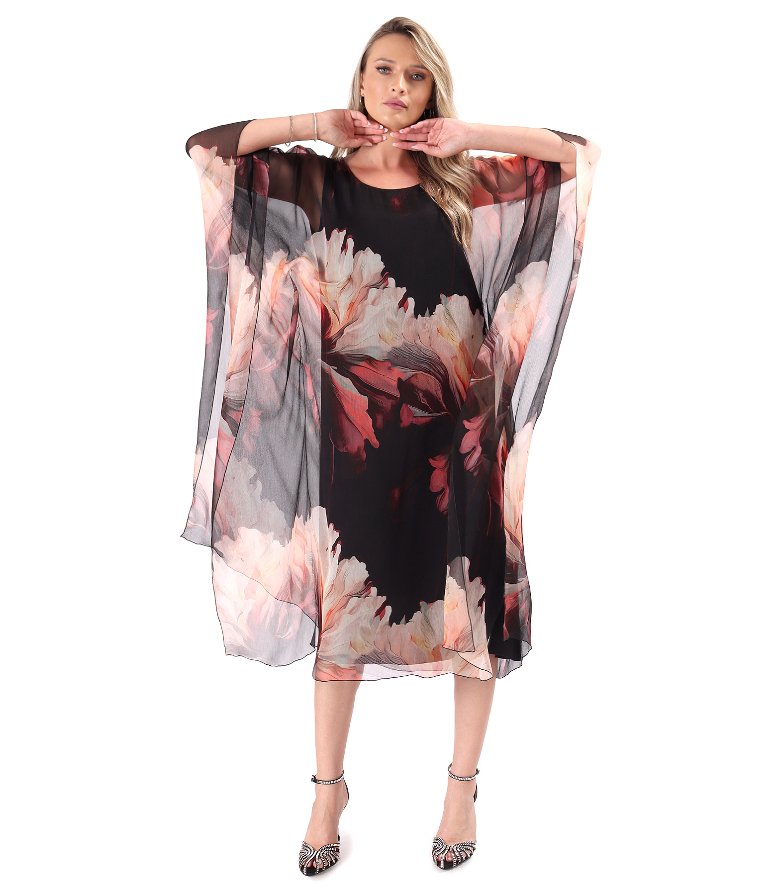 Rochie midi fluture din voal de matase naturala imprimata cu motive florale