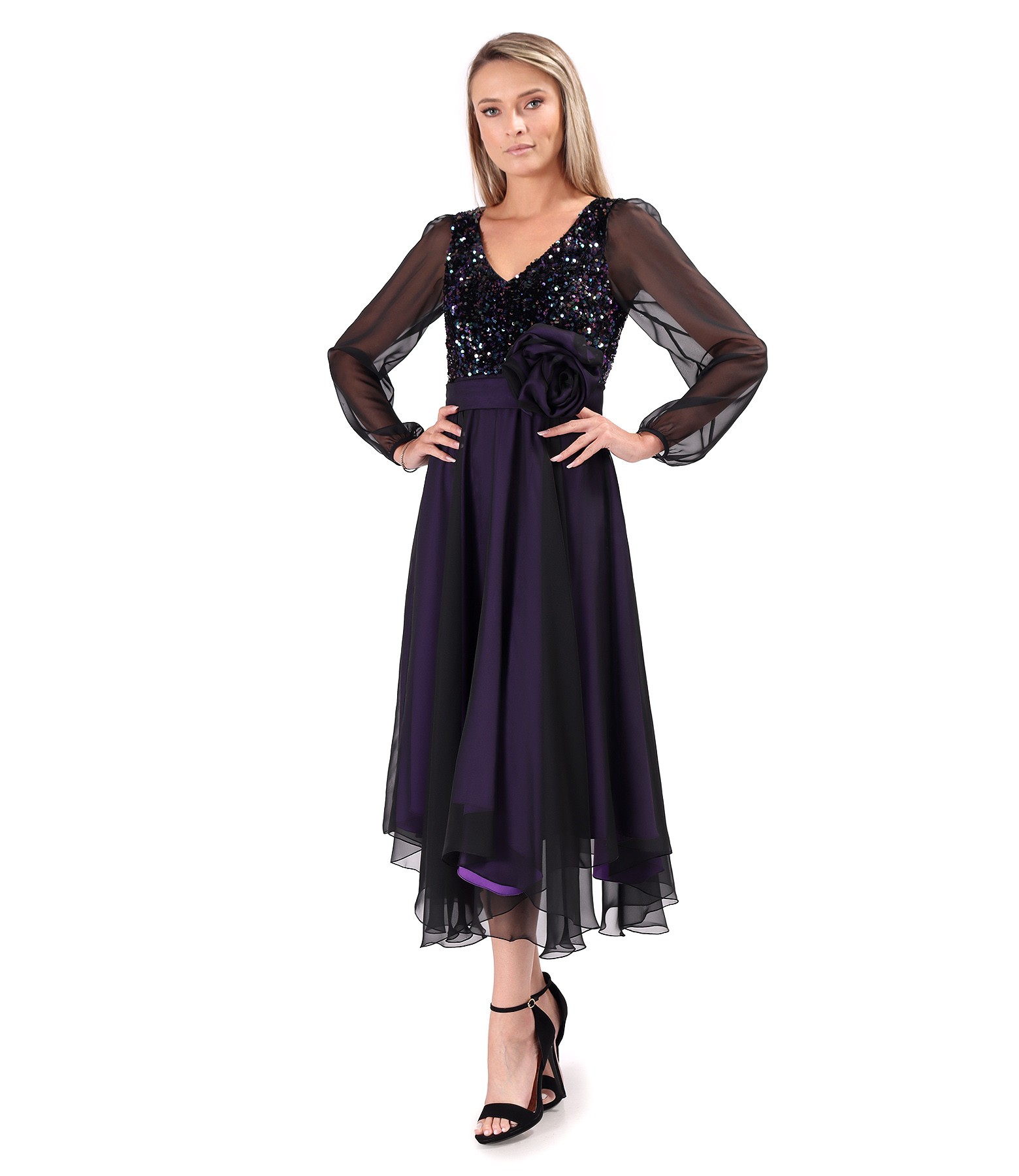 Rochie din voal cu corsaj din paiete multicolore