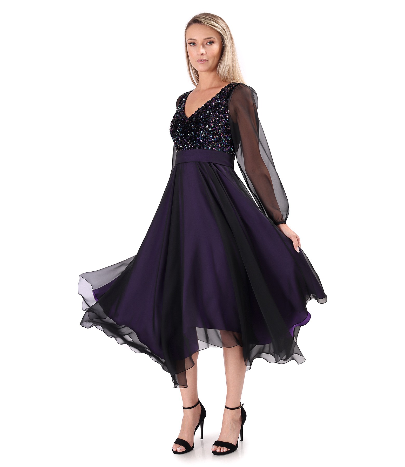 Rochie din voal cu corsaj din paiete multicolore