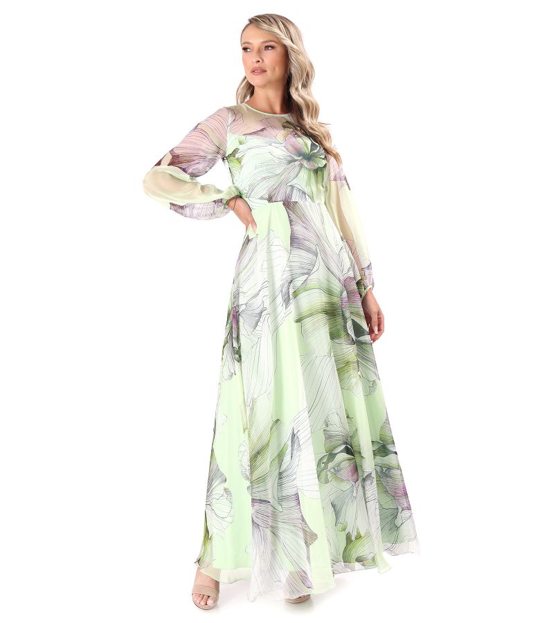 Rochie lunga din voal fin imprimat digital cu motive florale supradimensionate