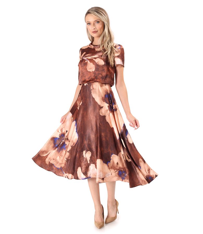 Rochie midi din satin de viscoza imprimat cu flori supradimensionate
