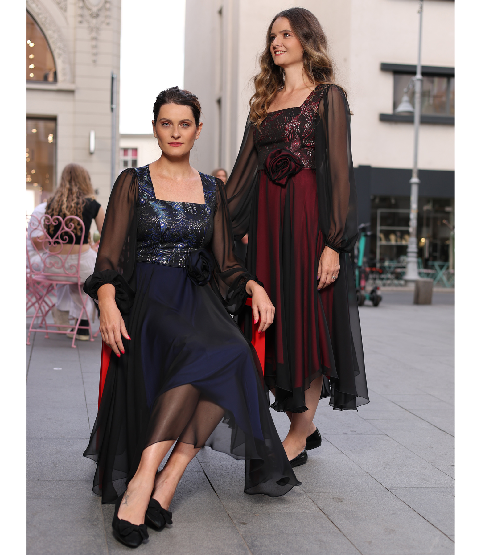 Rochie de seara midi cu bust din brocard cu fir metalic