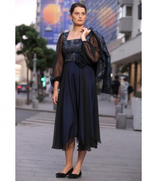 Rochie de seara midi cu bust din brocard cu fir metalic