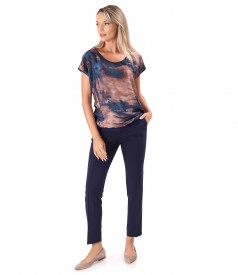 Bluza lejera cu fata din voal imprimat si pantaloni pana