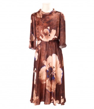 Rochie midi eleganta din viscoza satinata imprimat cu flori supradimensionate
