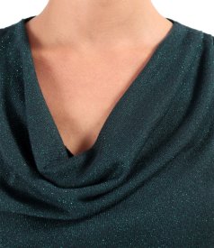 Bluza din jerse elastic cu fir metalic si cu decolteu in falduri