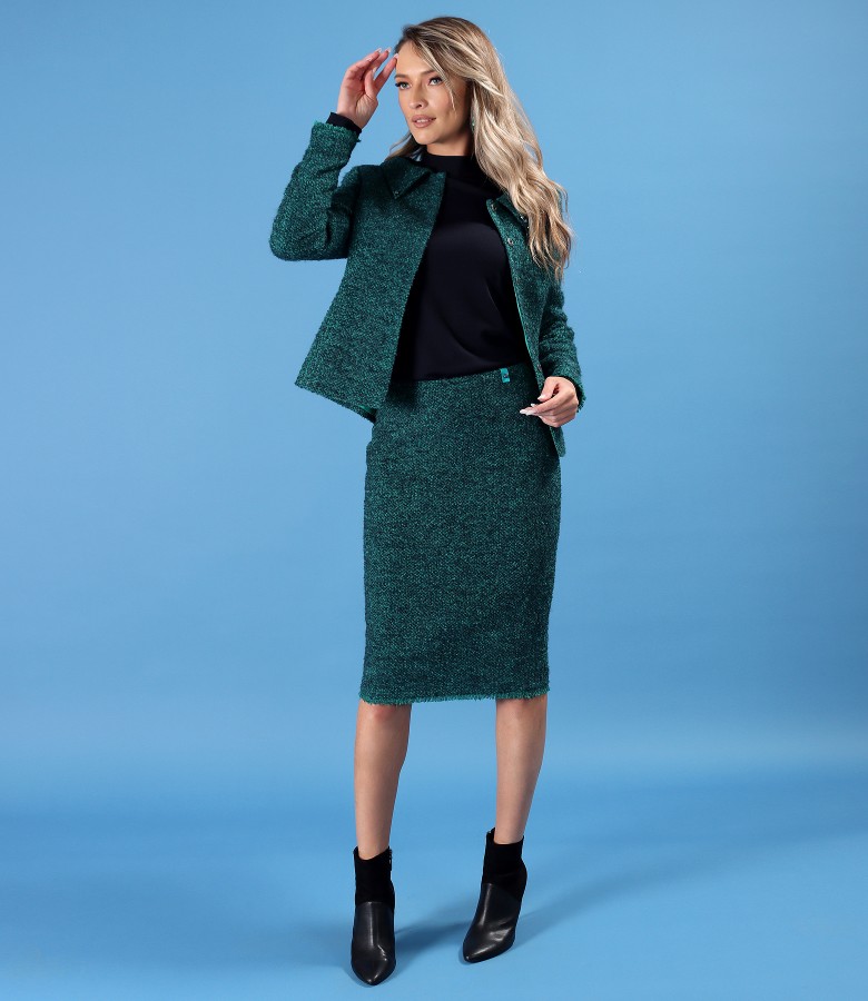 Costum dama office cu sacou si fusta din bucle cu lana si alpaca