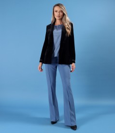 Sacou din catifea elastica neagra cu pantaloni evazati