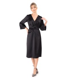 Rochie midi satinata cu cordon rasucit in talie
