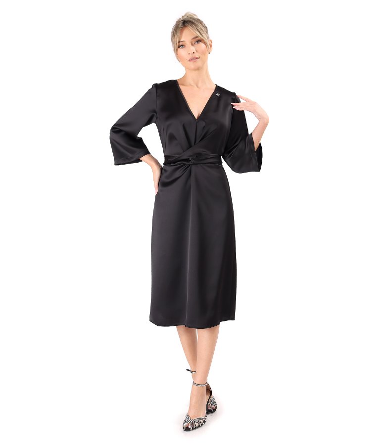 Rochie midi satinata cu cordon rasucit in talie