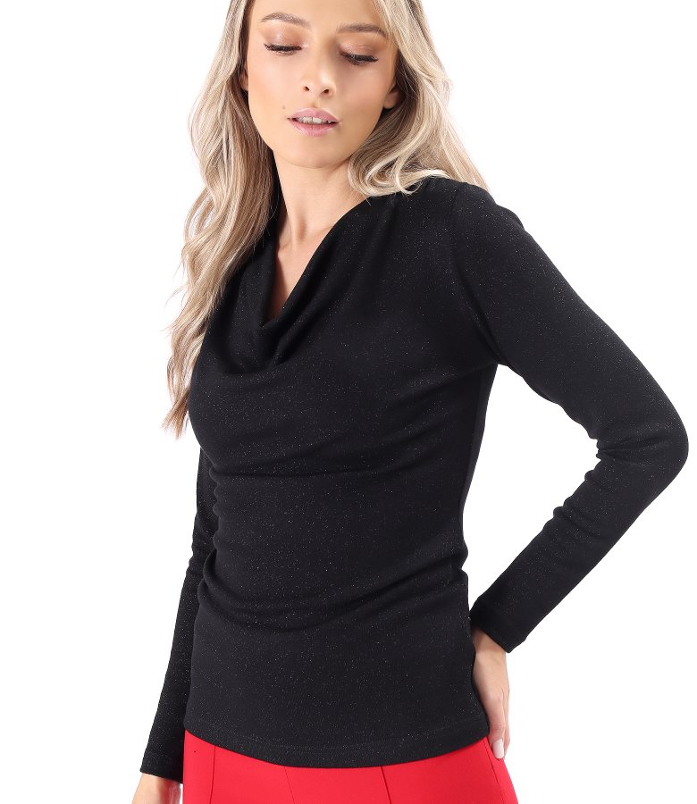 Bluza din jerse elastic cu fir metalic si cu decolteu in falduri
