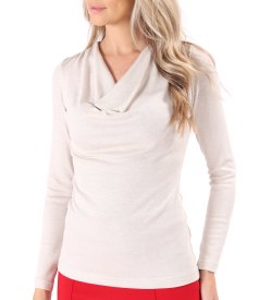 Bluza din jerse elastic cu fir metalic argintiu si cu decolteu in falduri