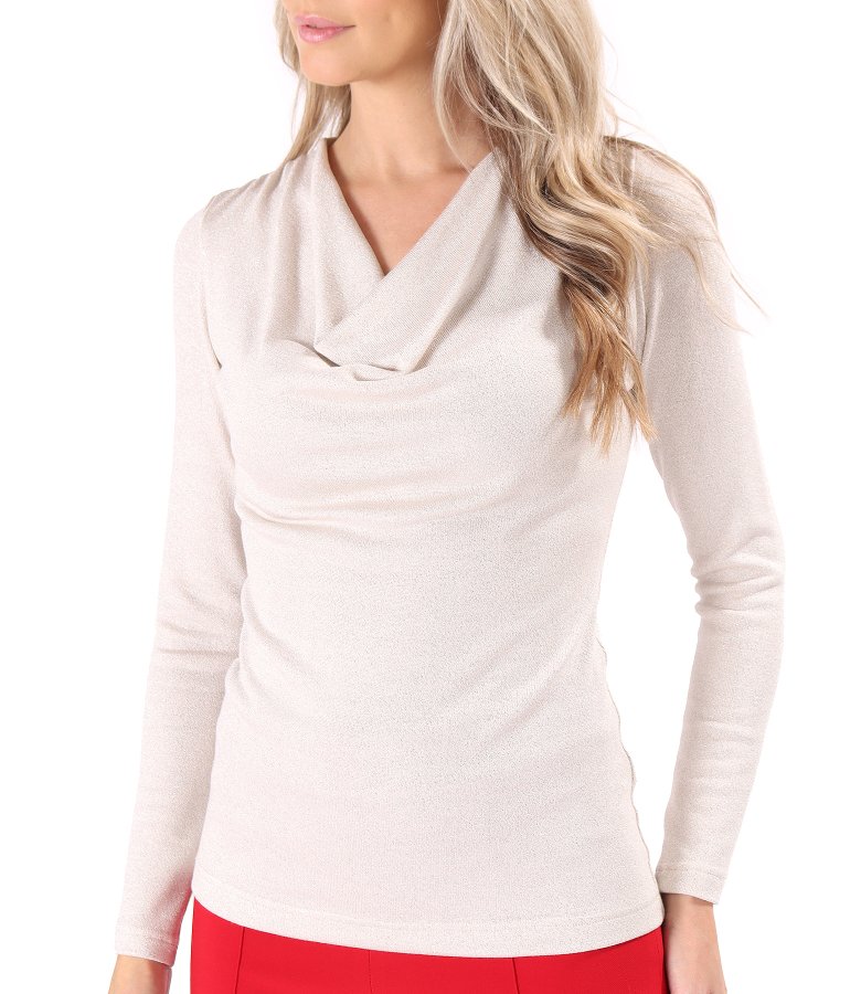 Bluza din jerse elastic cu fir metalic argintiu si cu decolteu in falduri