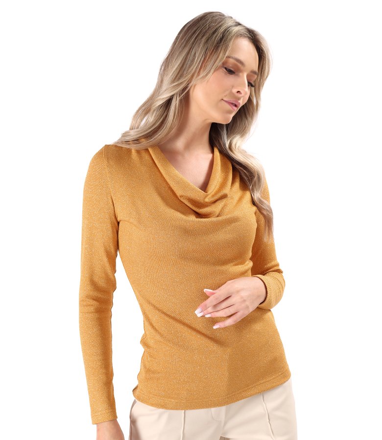 Bluza din jerse elastic cu fir metalic si cu decolteu in falduri